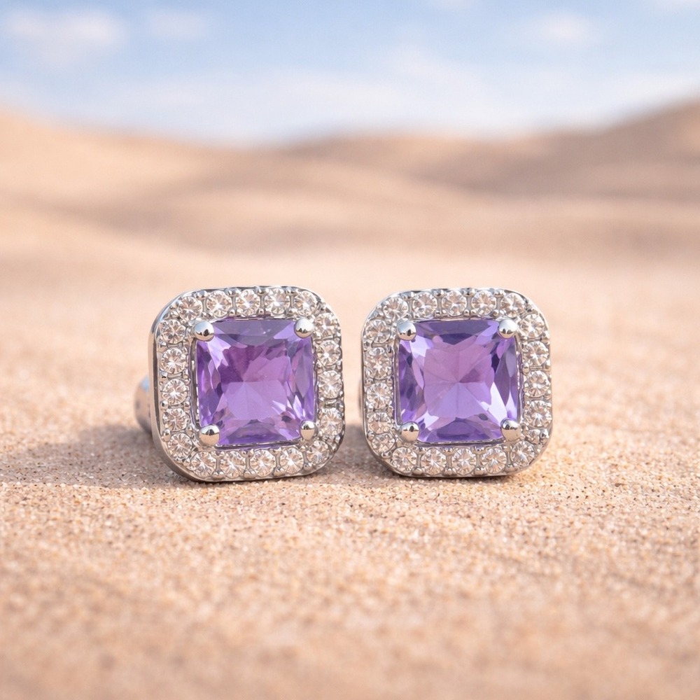 Moissanite Lavender Halo Stud Earrings 925 Sterling Silver Cushion Cut - Picture 2 of 5